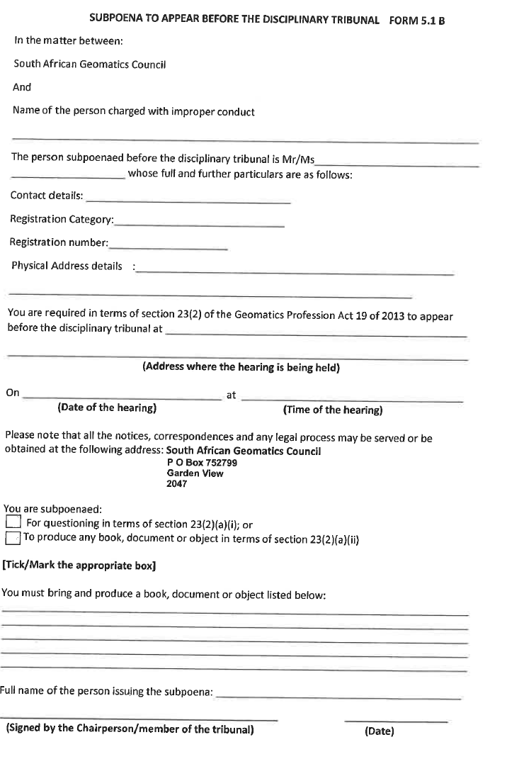 R6822 Form 5.1B Subpoena to appear before Disciplinary Tribunal