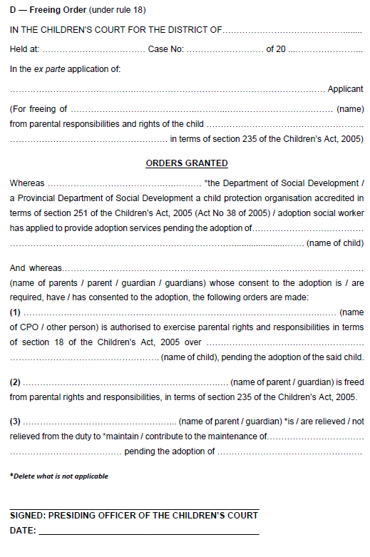 R7142 Form D Freeing Order